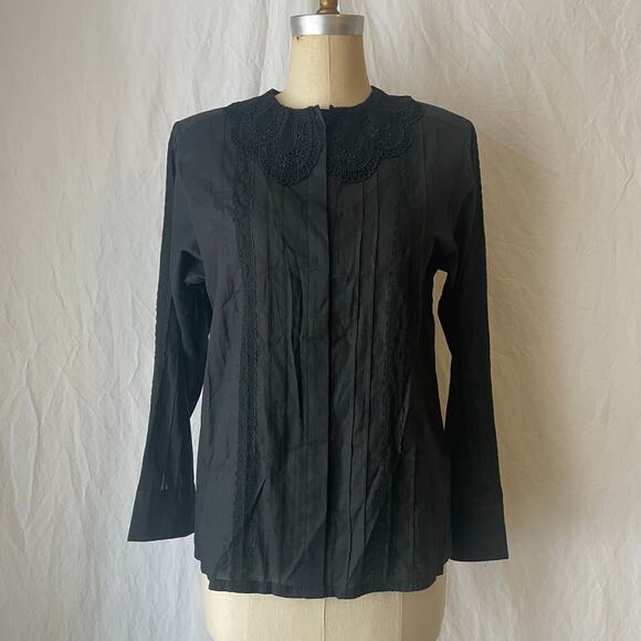 Vintage 80s Black Crochet Collar Pleated Button Up Blouse Size 8 - Picture 2 of 8